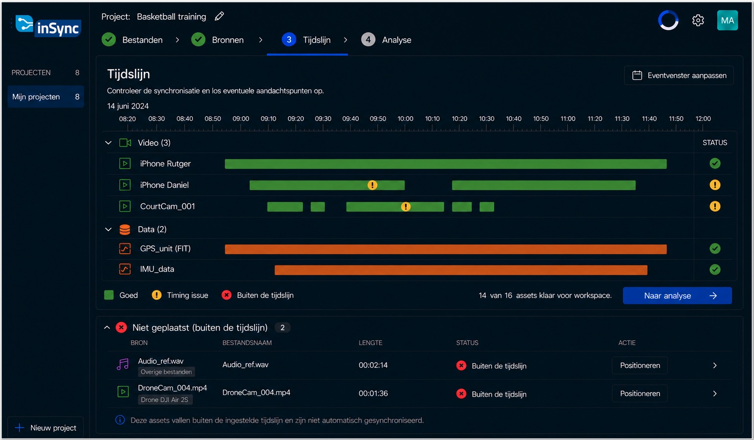 InSync-eventtijdlijn met video- en databronnen